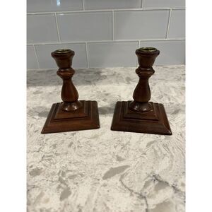 Turned Wood Taper‎ Candlestick Holders with Brass Tipped Cups Felt Bottoms Pair